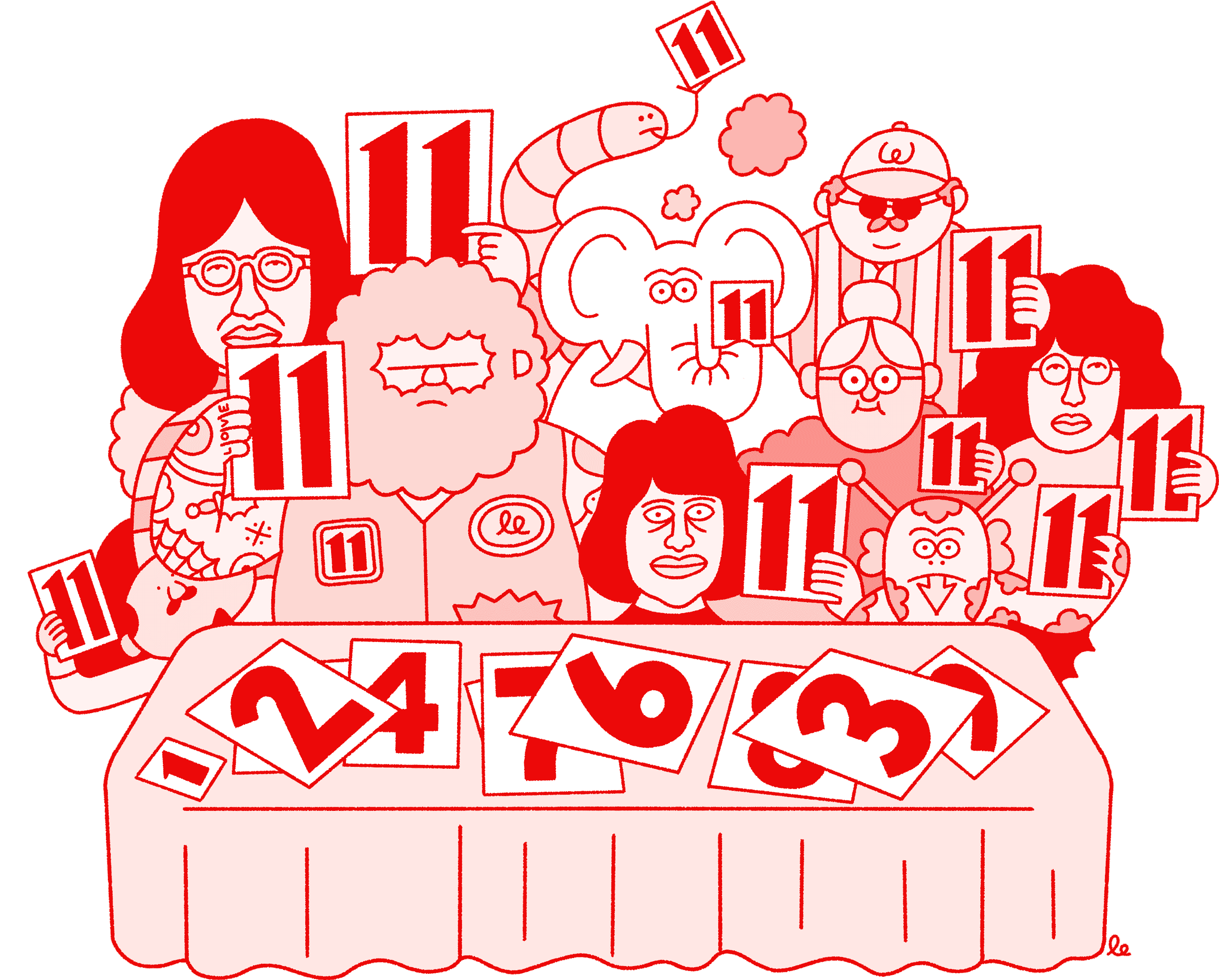 A playful, hand-drawn illustration of a group of characters holding up scorecards with the number ‘11’. They sit behind a table scattered with various other numbers.