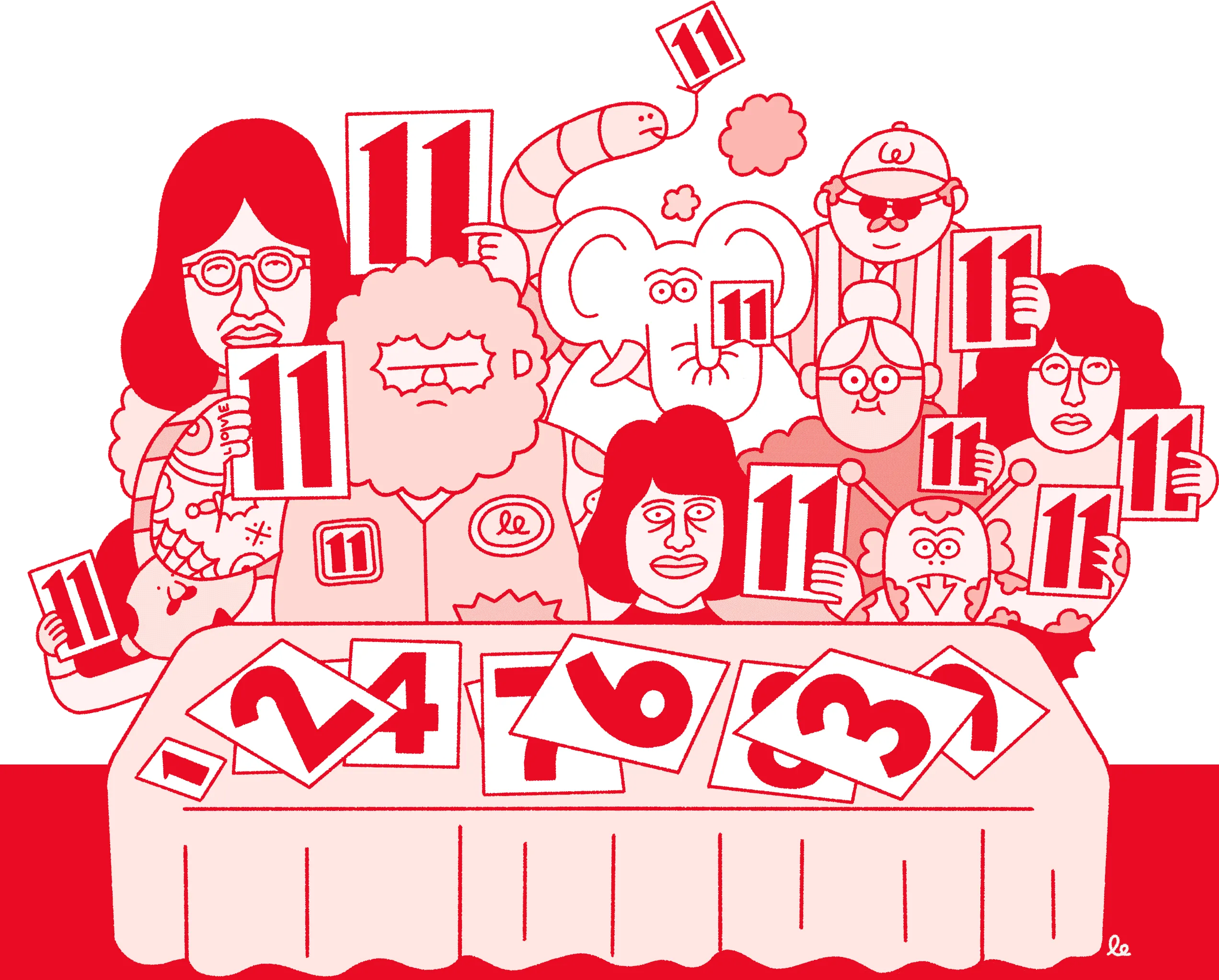 A playful, hand-drawn illustration of a group of characters holding up scorecards with the number ‘11’. They sit behind a table scattered with various other numbers.