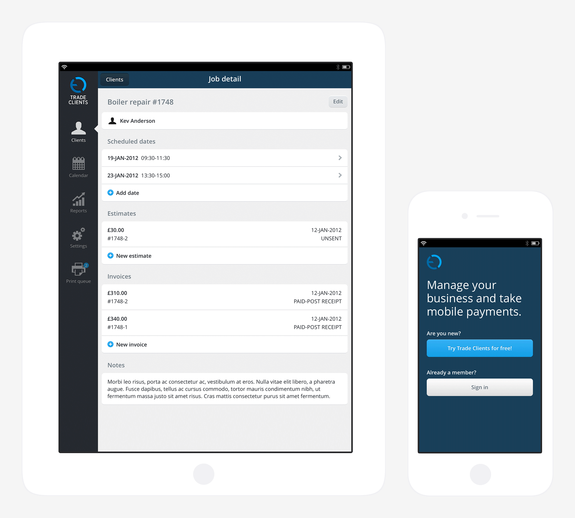 The Trade Clients app on mobile and tablet devices